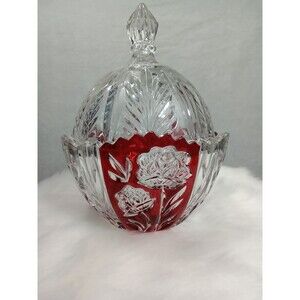 Vintage Anna Hutte Bleikristall‎ Lead Crystal Red Rose Candy Dish w/ Lid Germany